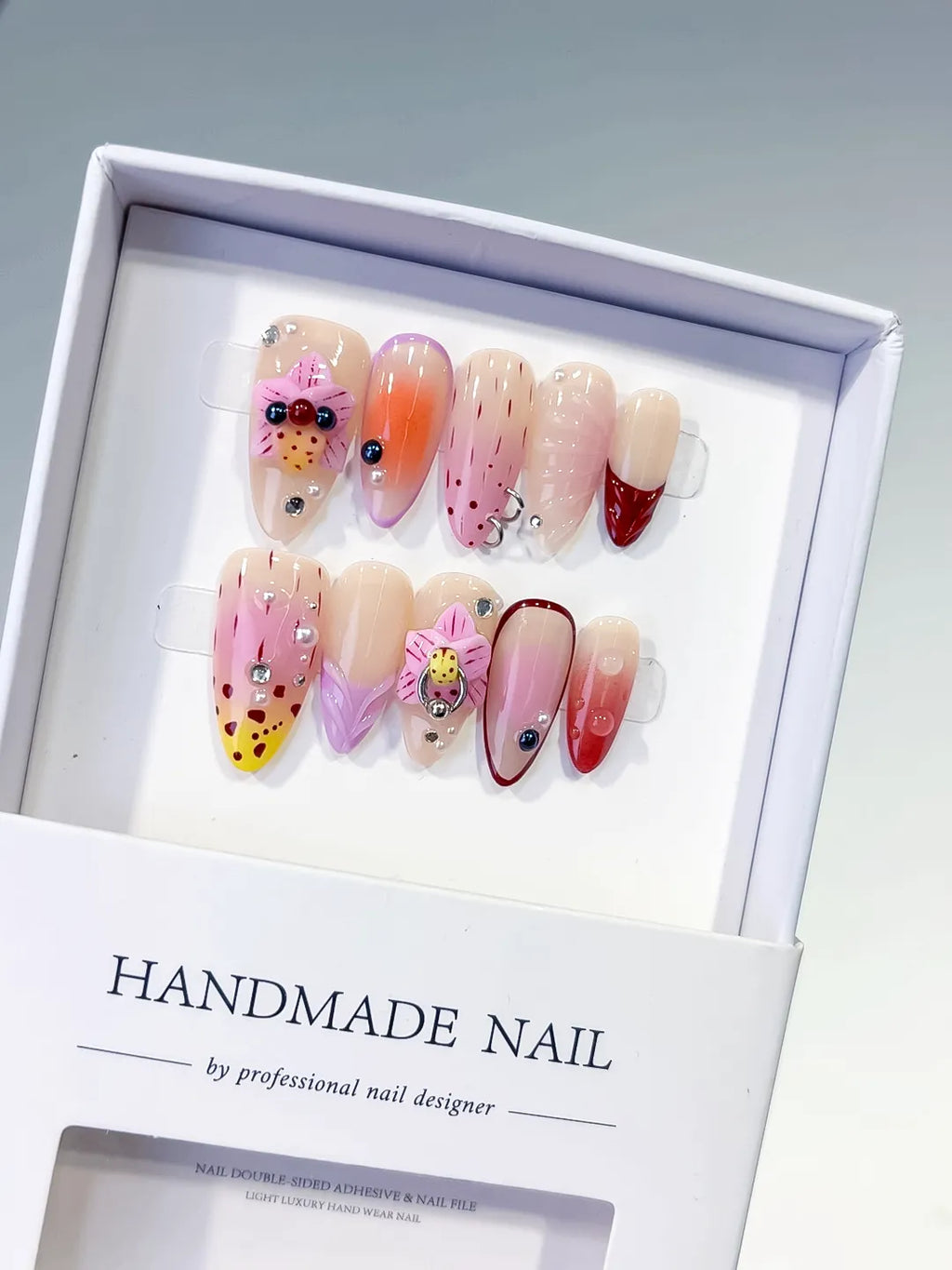 Nude Pink Yellow Red Abstract Bow Ladybug Rhinestone press on nails