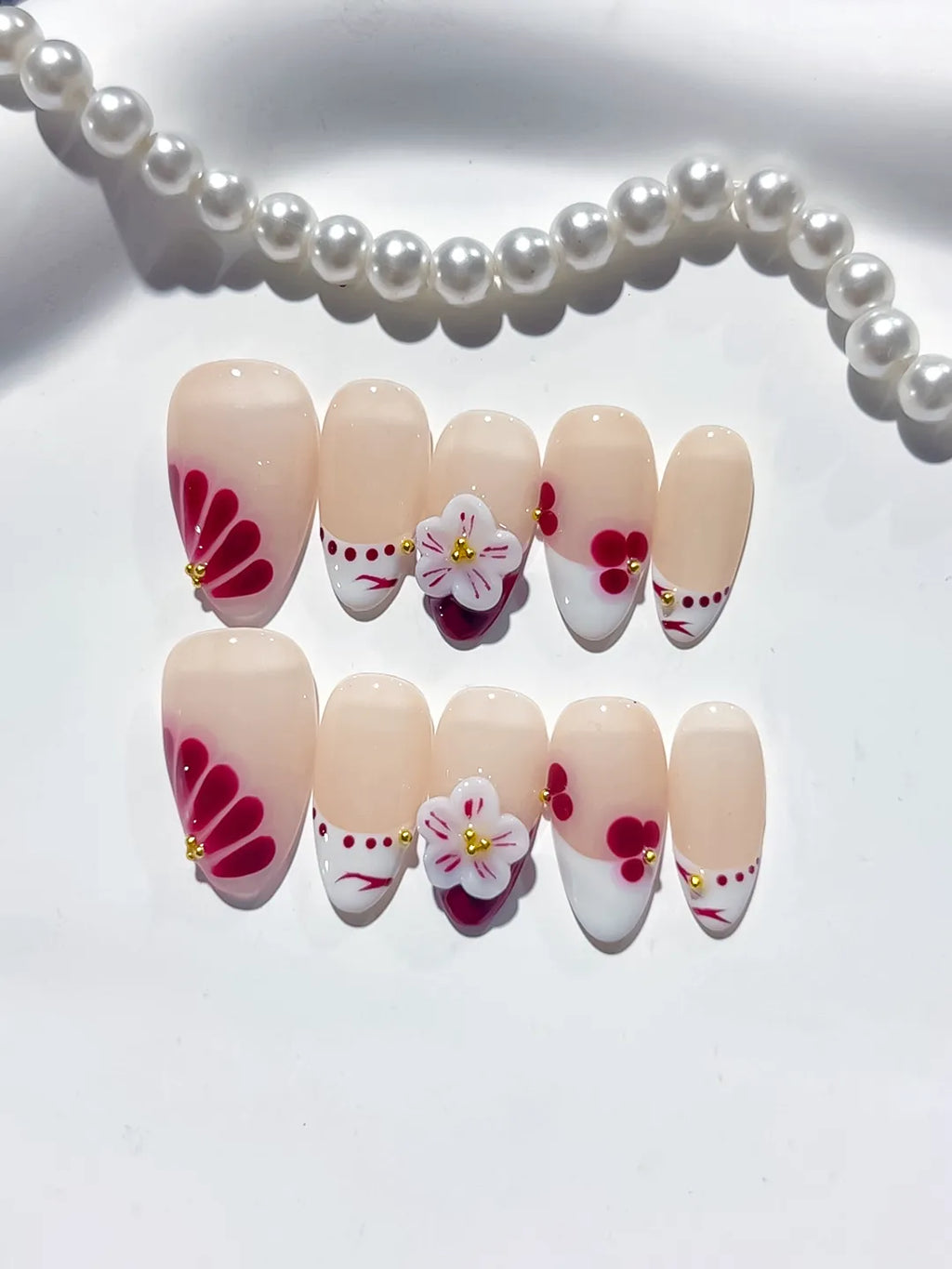 Nude White Red French tip Flower Cherry press on nails close up