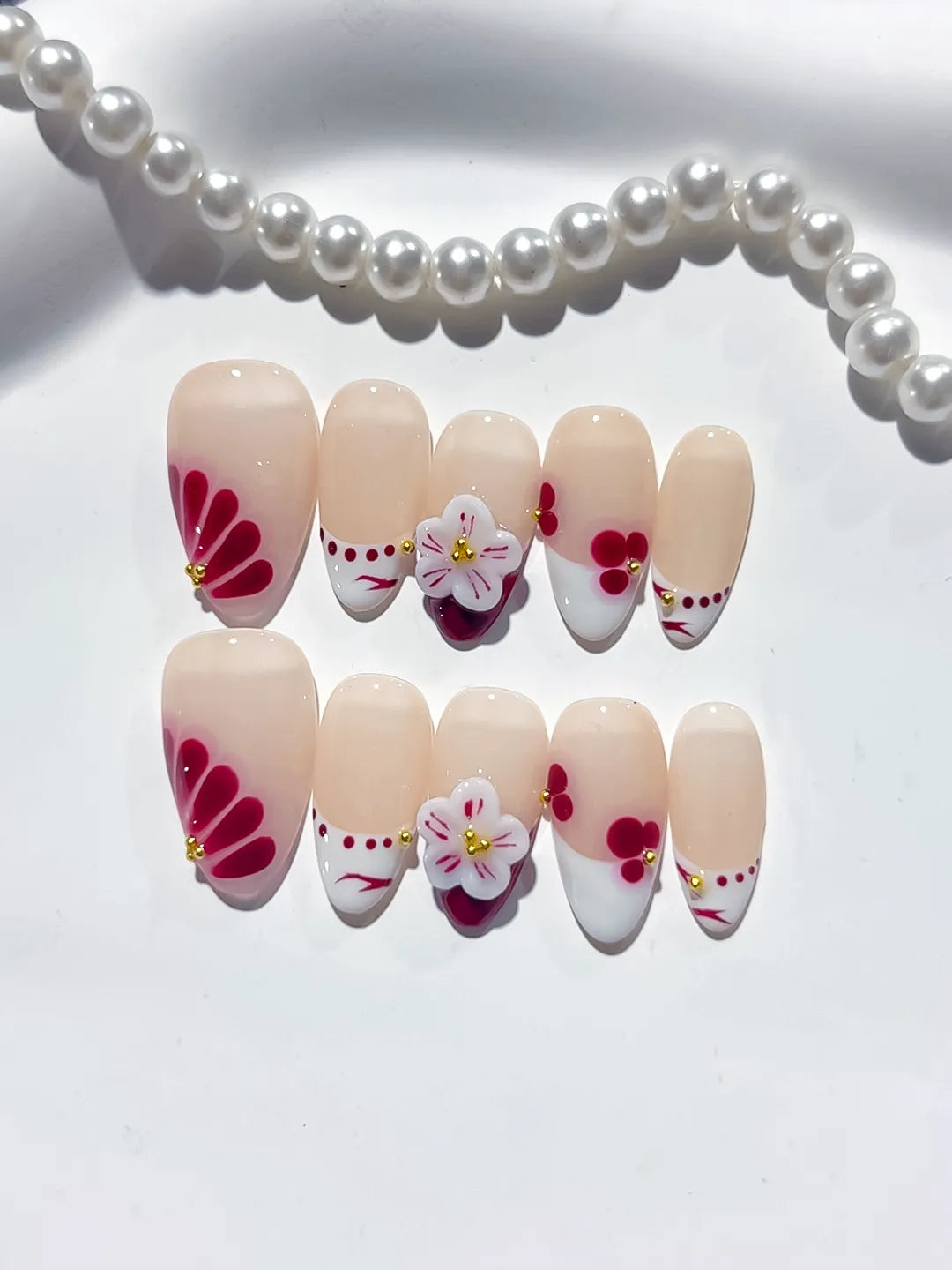 Nude White Red French tip Flower Cherry press on nails close up