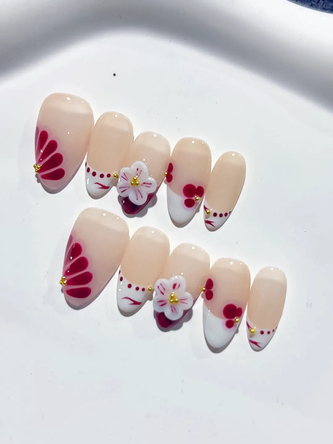 Nude White Red French tip Flower Cherry press on nails detail view