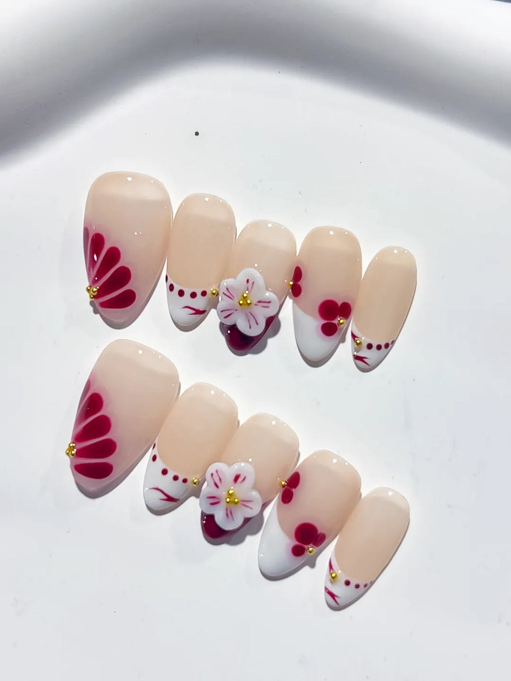 Nude White Red French tip Flower Cherry press on nails detail view