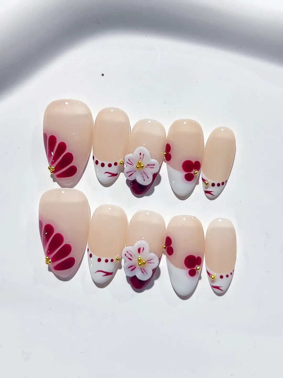 Nude White Red French tip Flower Cherry press on nails detail view