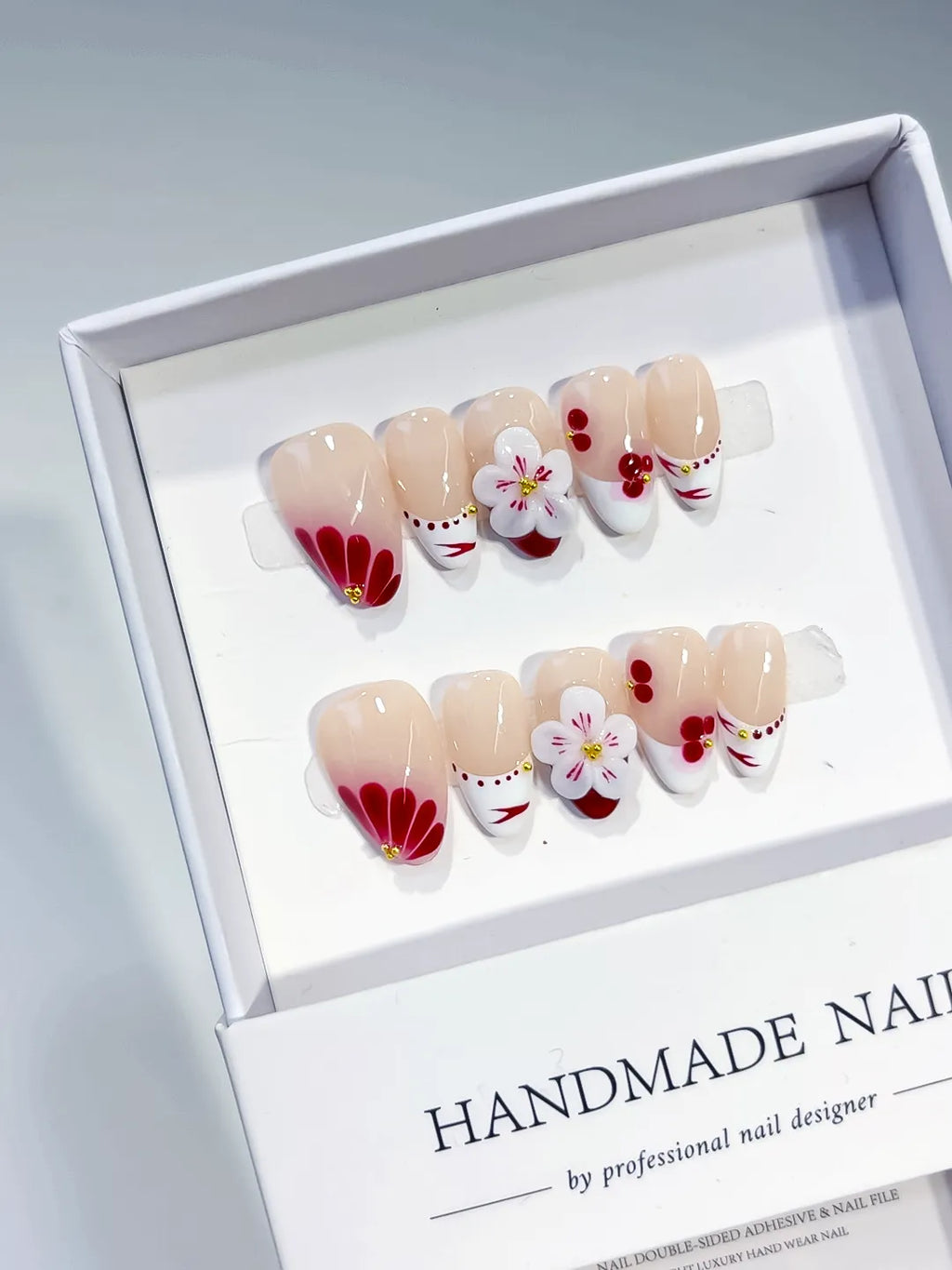 Nude White Red French tip Flower Cherry press on nails angled view