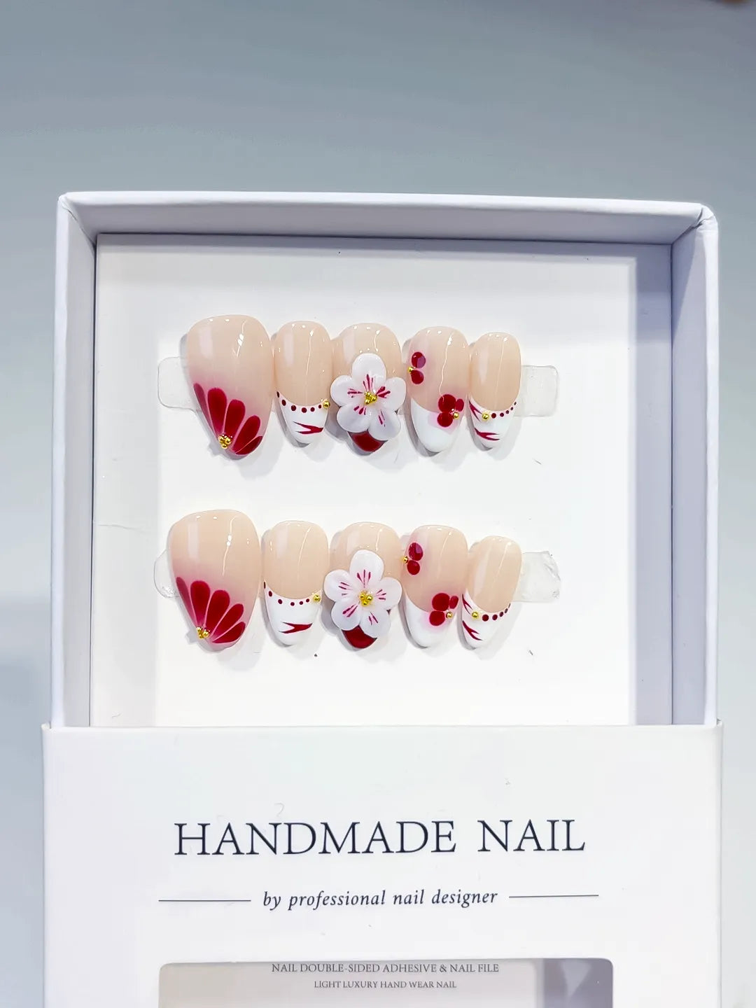 Nude White Red French tip Flower Cherry press on nails full set view