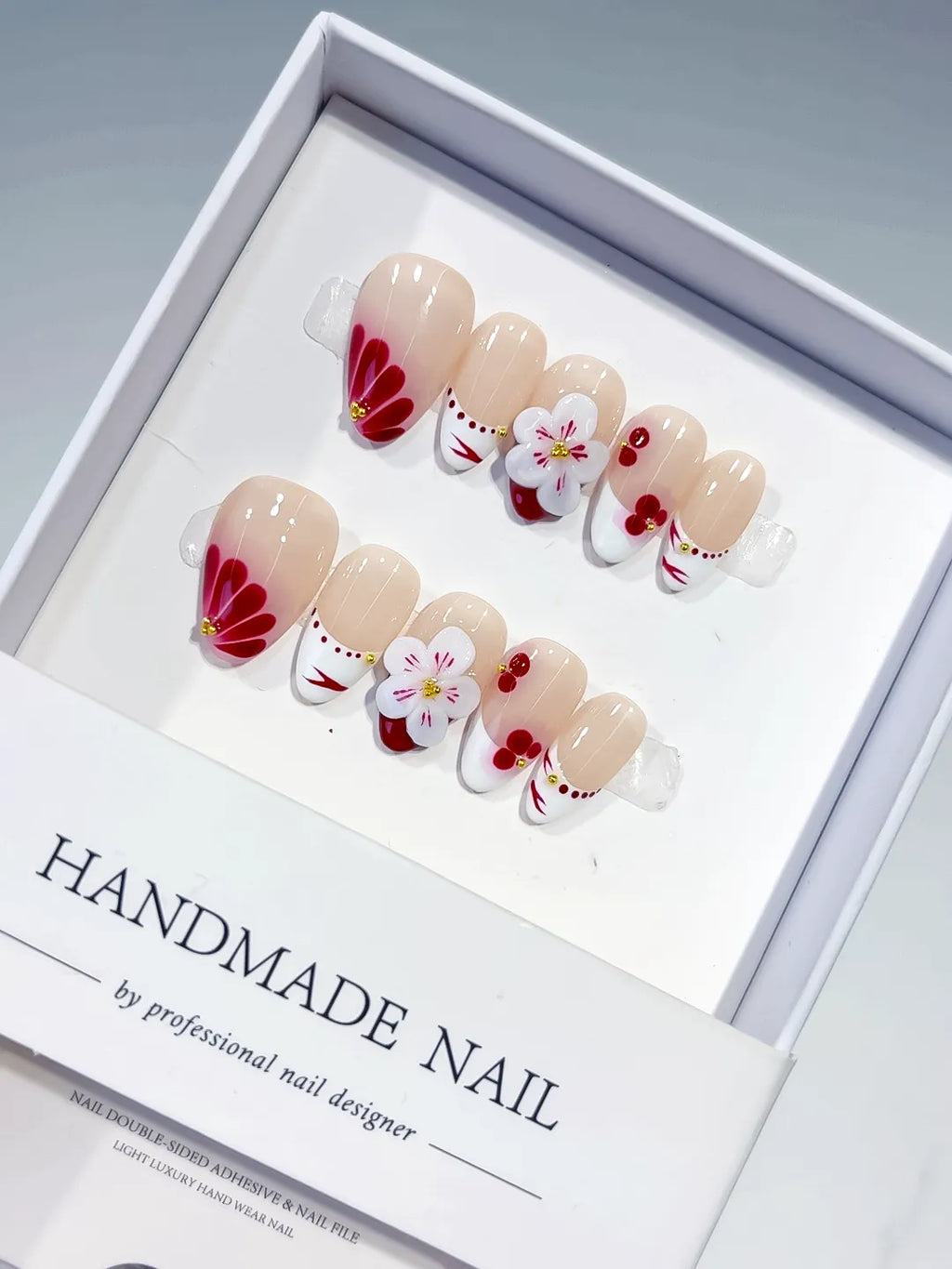 Nude White Red French tip Flower Cherry press on nails
