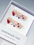 Nude White Red French tip Flower Cherry press on nails