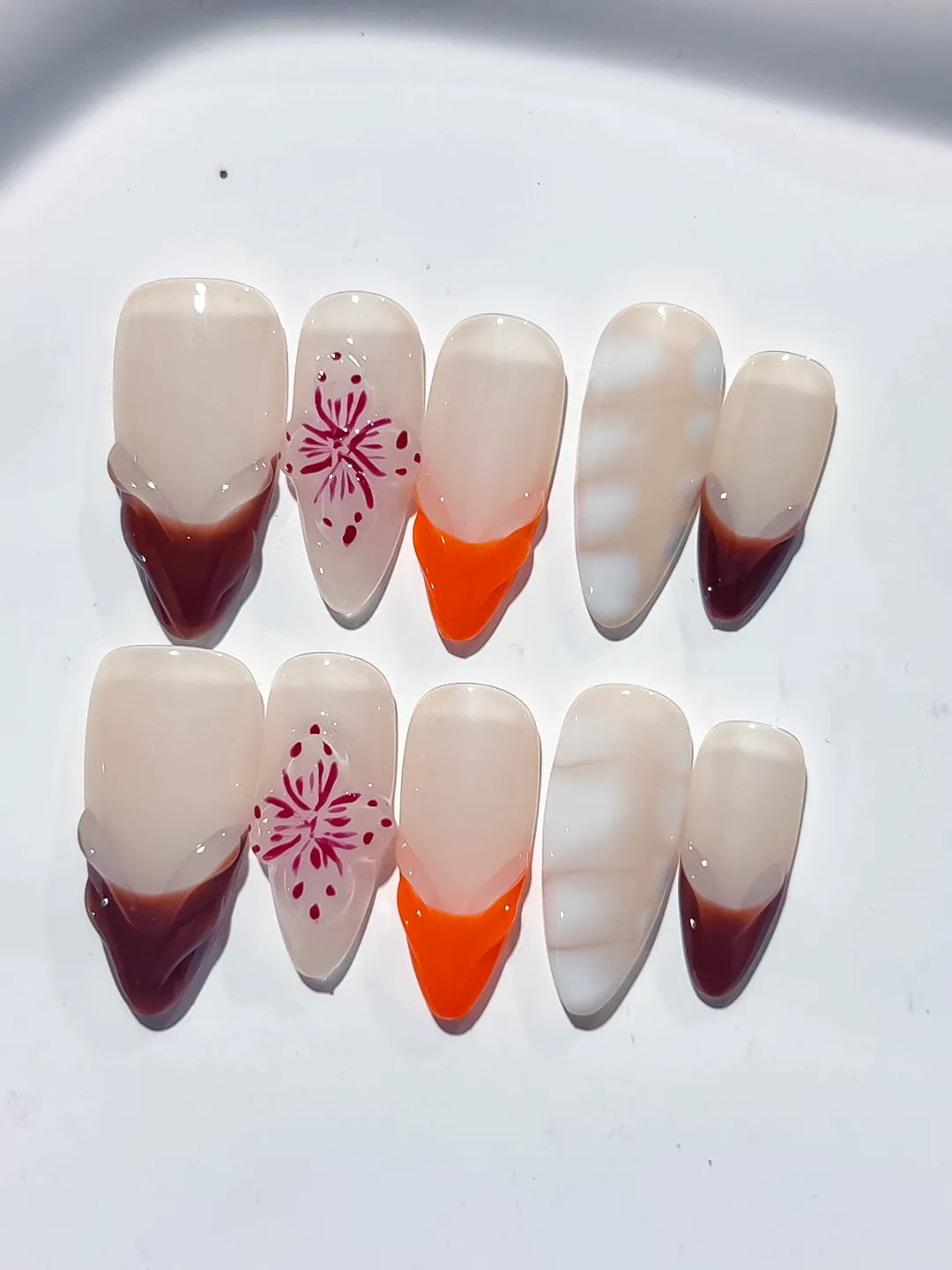 Nude Brown Orange White French tip Flower 3D press on nails close up