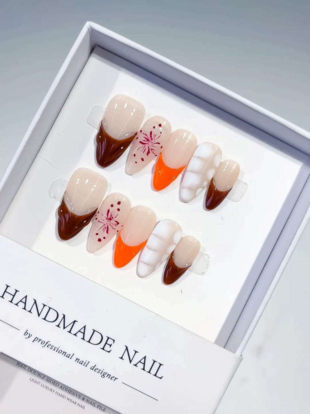 Nude Brown Orange White French tip Flower 3D press on nails