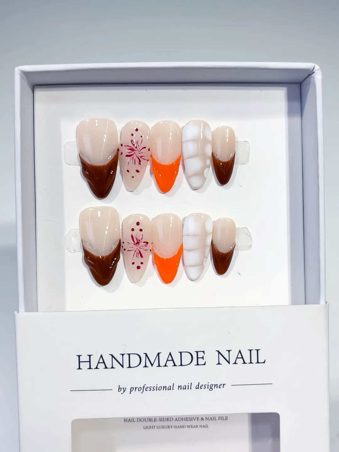 Nude Brown Orange White French tip Flower 3D press on nails full set view