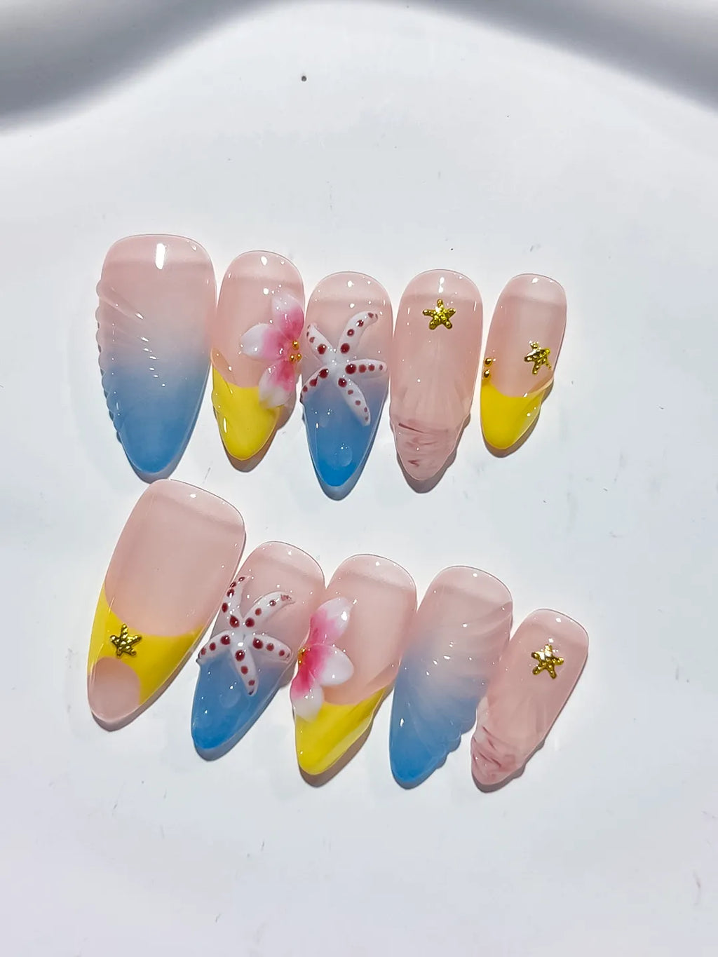 Nude Blue Yellow Pink Abstract Flower Starfish Shell press on nails detail view