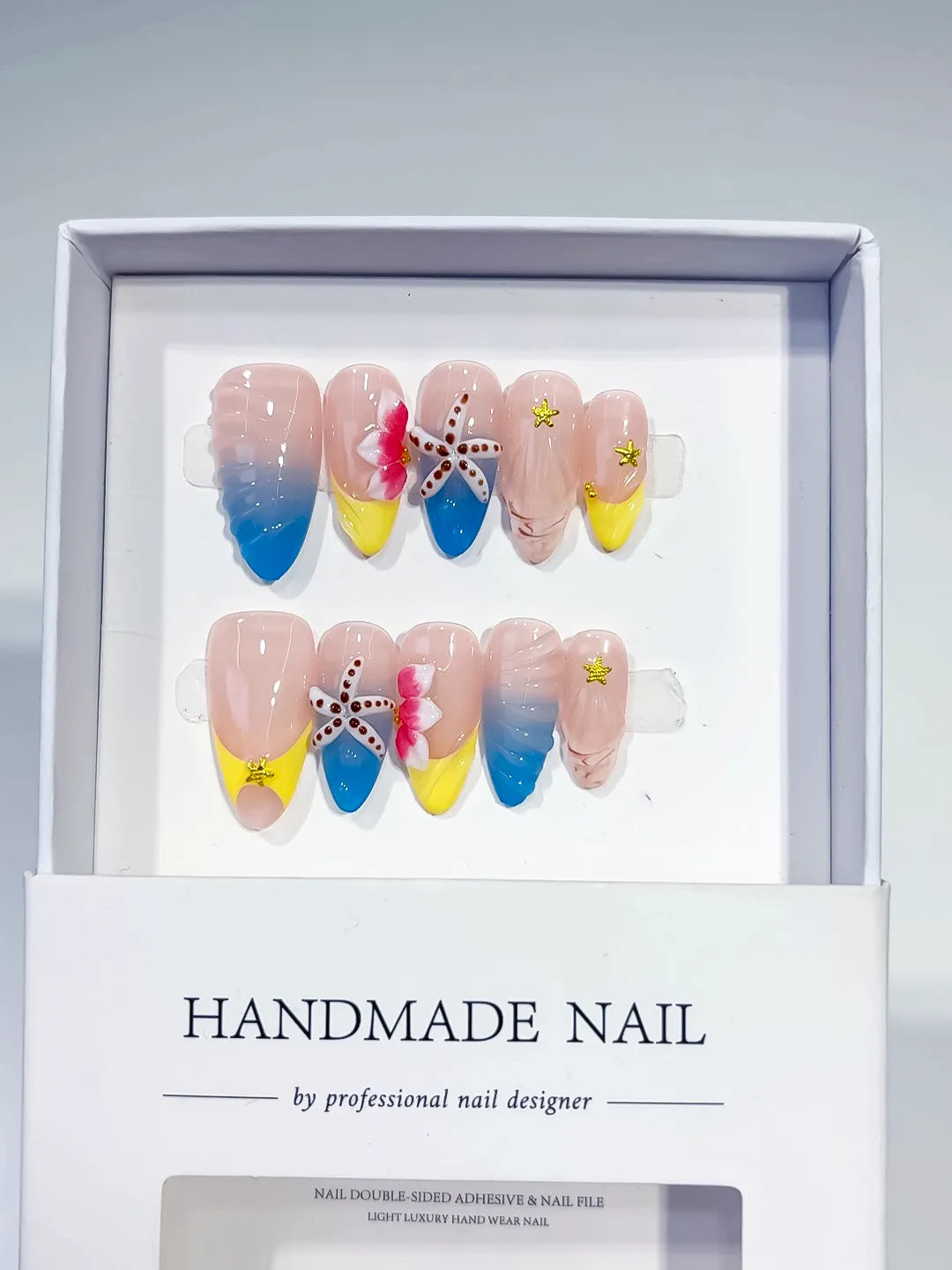 Nude Blue Yellow Pink Abstract Flower Starfish Shell press on nails full set view