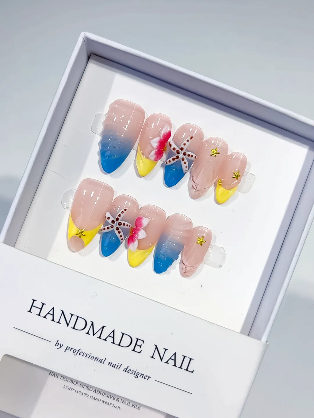 Nude Blue Yellow Pink Abstract Flower Starfish Shell press on nails