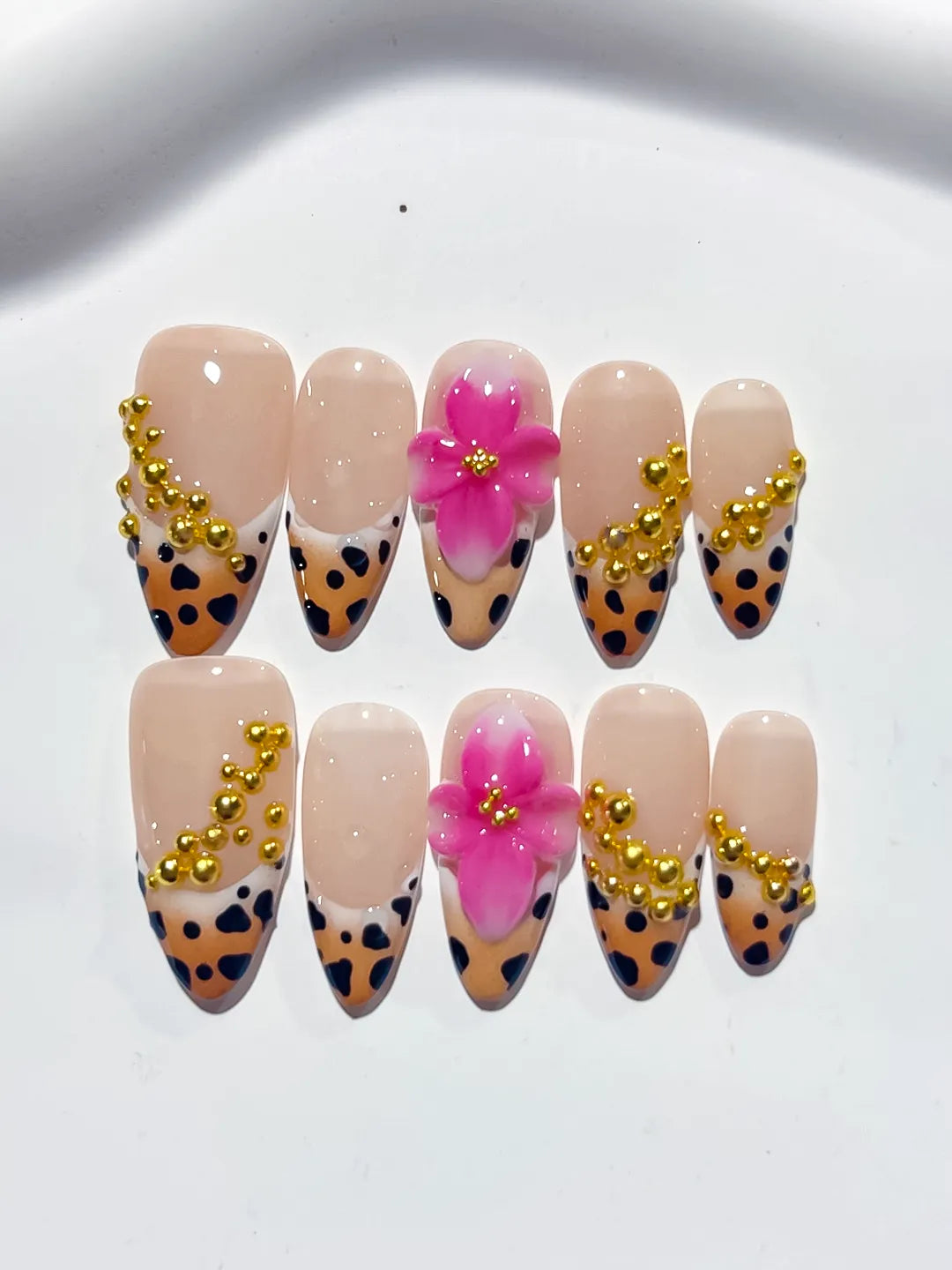 Nude Black Gold Pink French tip Flower Animal Print Stud press on nails close up