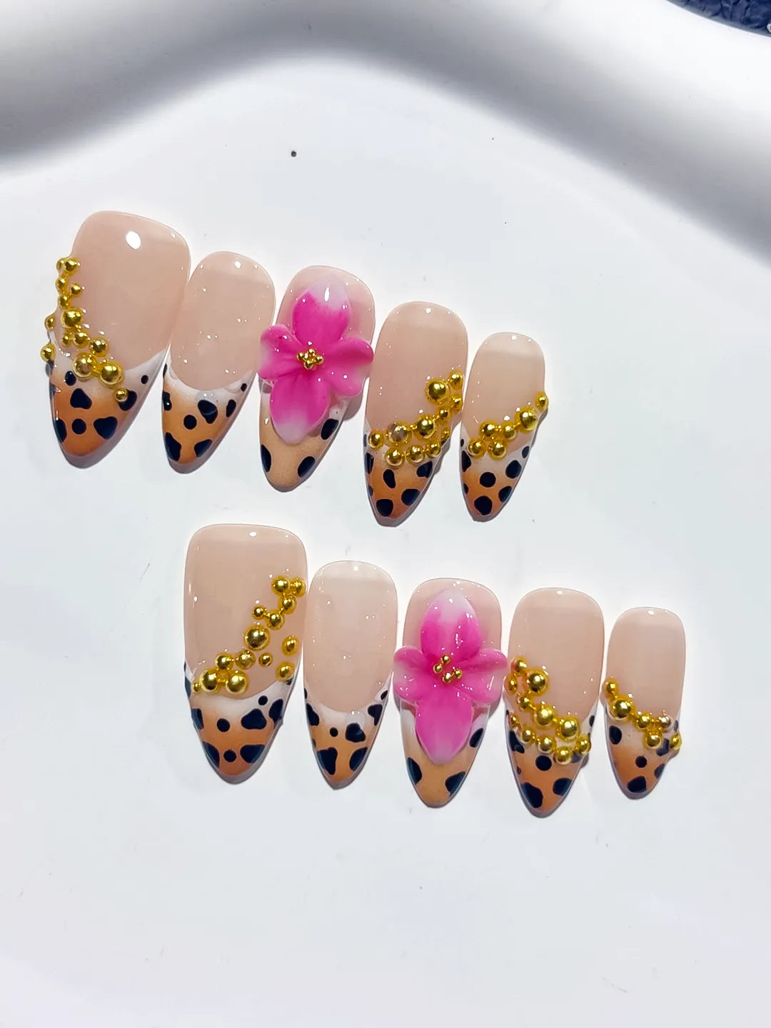 Nude Black Gold Pink French tip Flower Animal Print Stud press on nails detail view