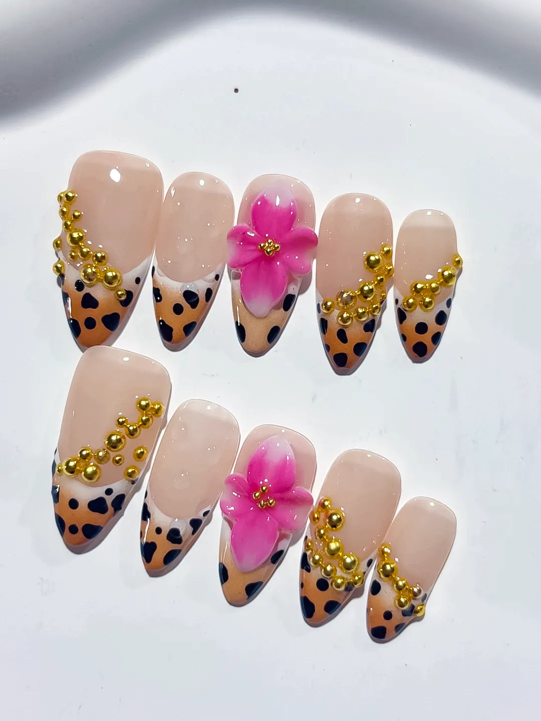 Nude Black Gold Pink French tip Flower Animal Print Stud press on nails detail view