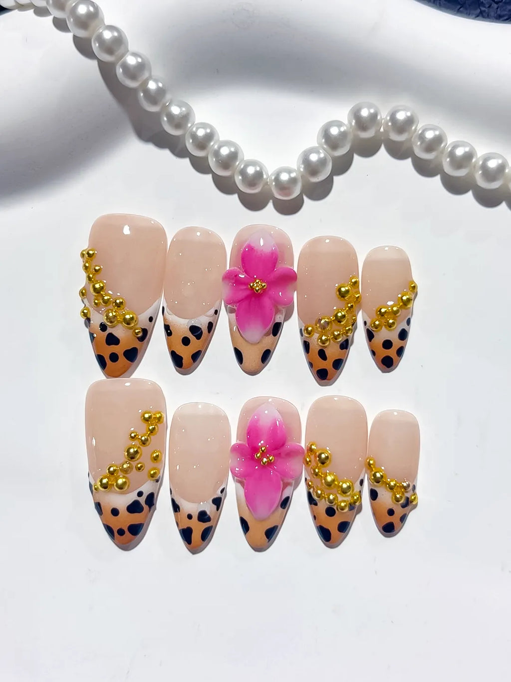 Nude Black Gold Pink French tip Flower Animal Print Stud press on nails detail view