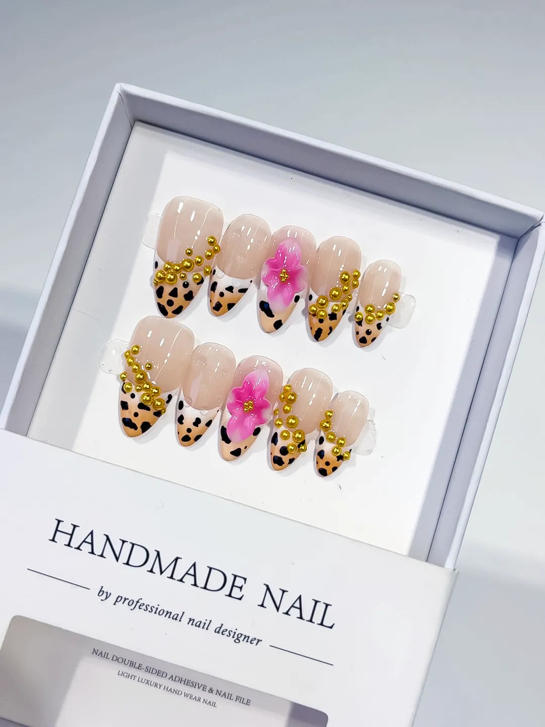 Nude Black Gold Pink French tip Flower Animal Print Stud press on nails
