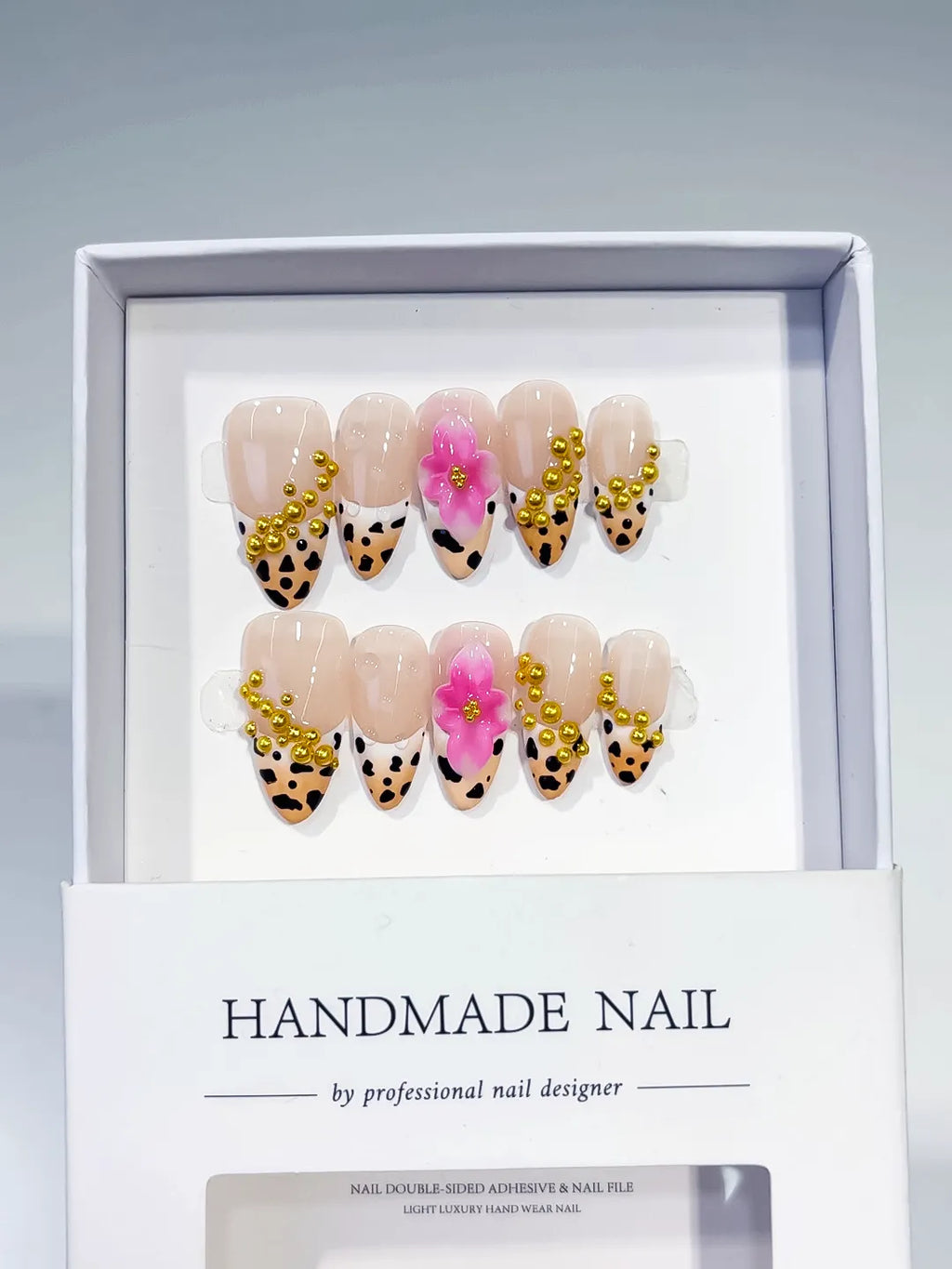 Nude Black Gold Pink French tip Flower Animal Print Stud press on nails full set view