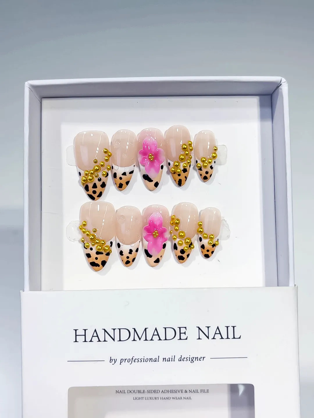Nude Black Gold Pink French tip Flower Animal Print Stud press on nails full set view
