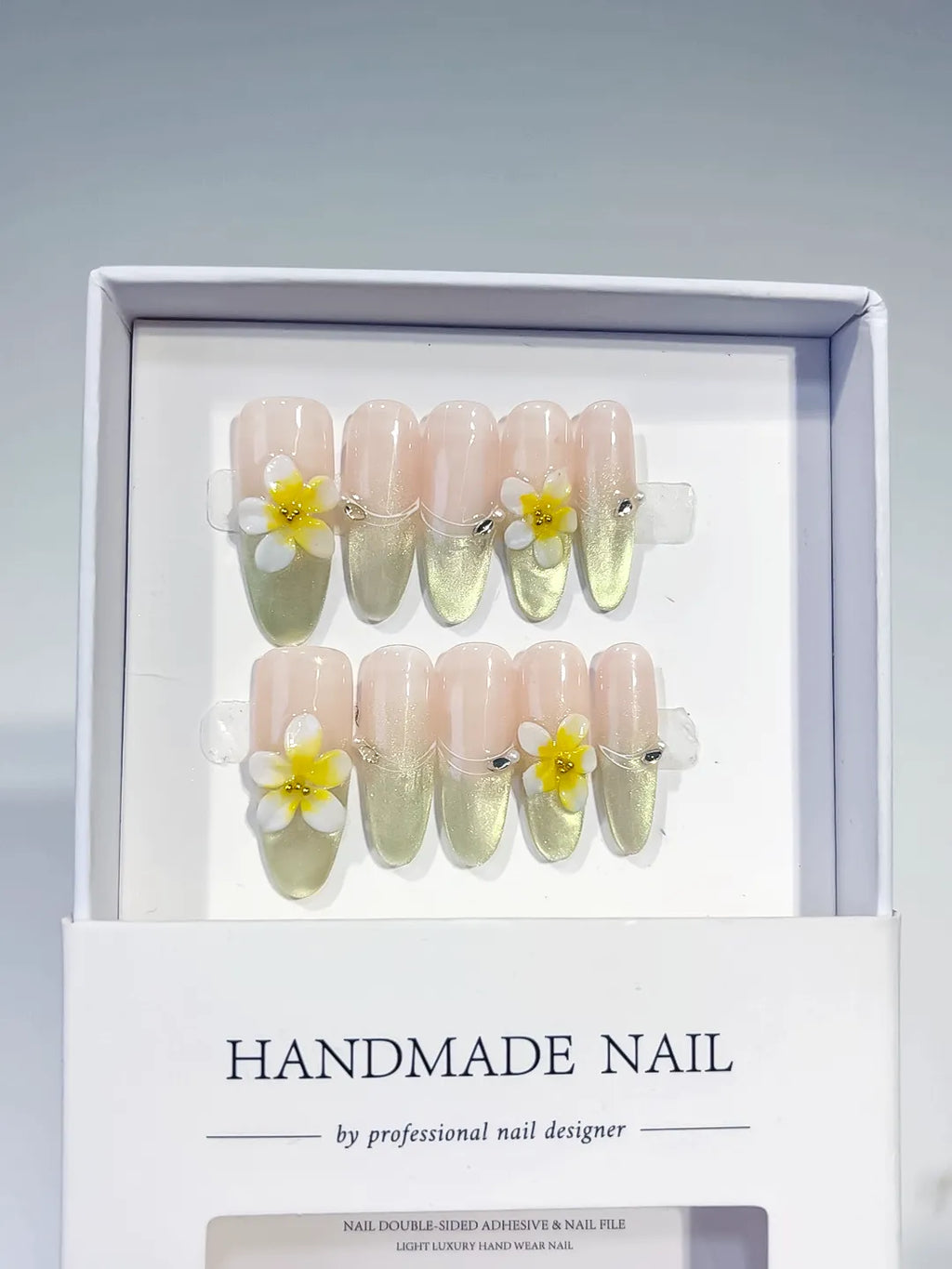 Nude Gold Yellow Metallic Flower Rhinestone press on nails full set view