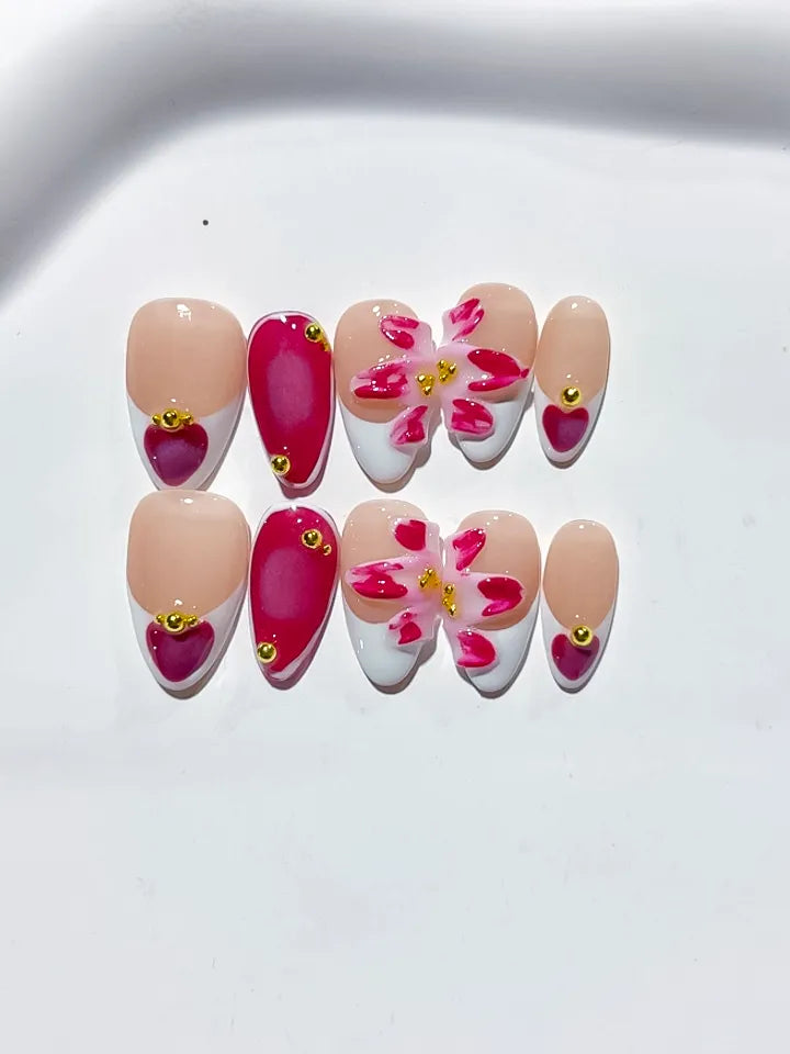 Nude White Red Pink French tip Flower Heart press on nails close up