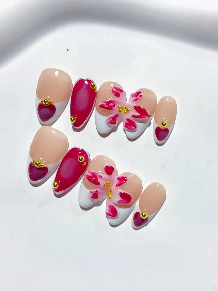 Nude White Red Pink French tip Flower Heart press on nails detail view
