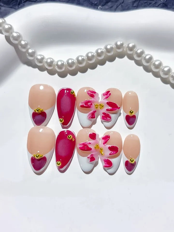 Nude White Red Pink French tip Flower Heart press on nails detail view
