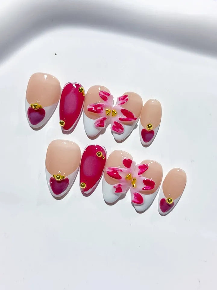 Nude White Red Pink French tip Flower Heart press on nails detail view