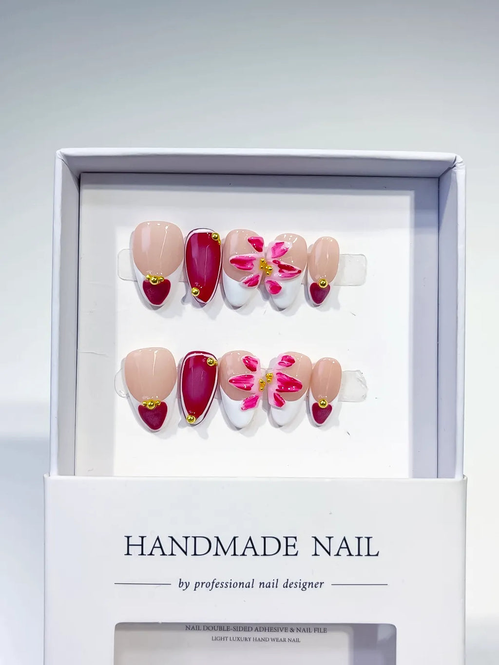 Nude White Red Pink French tip Flower Heart press on nails full set view