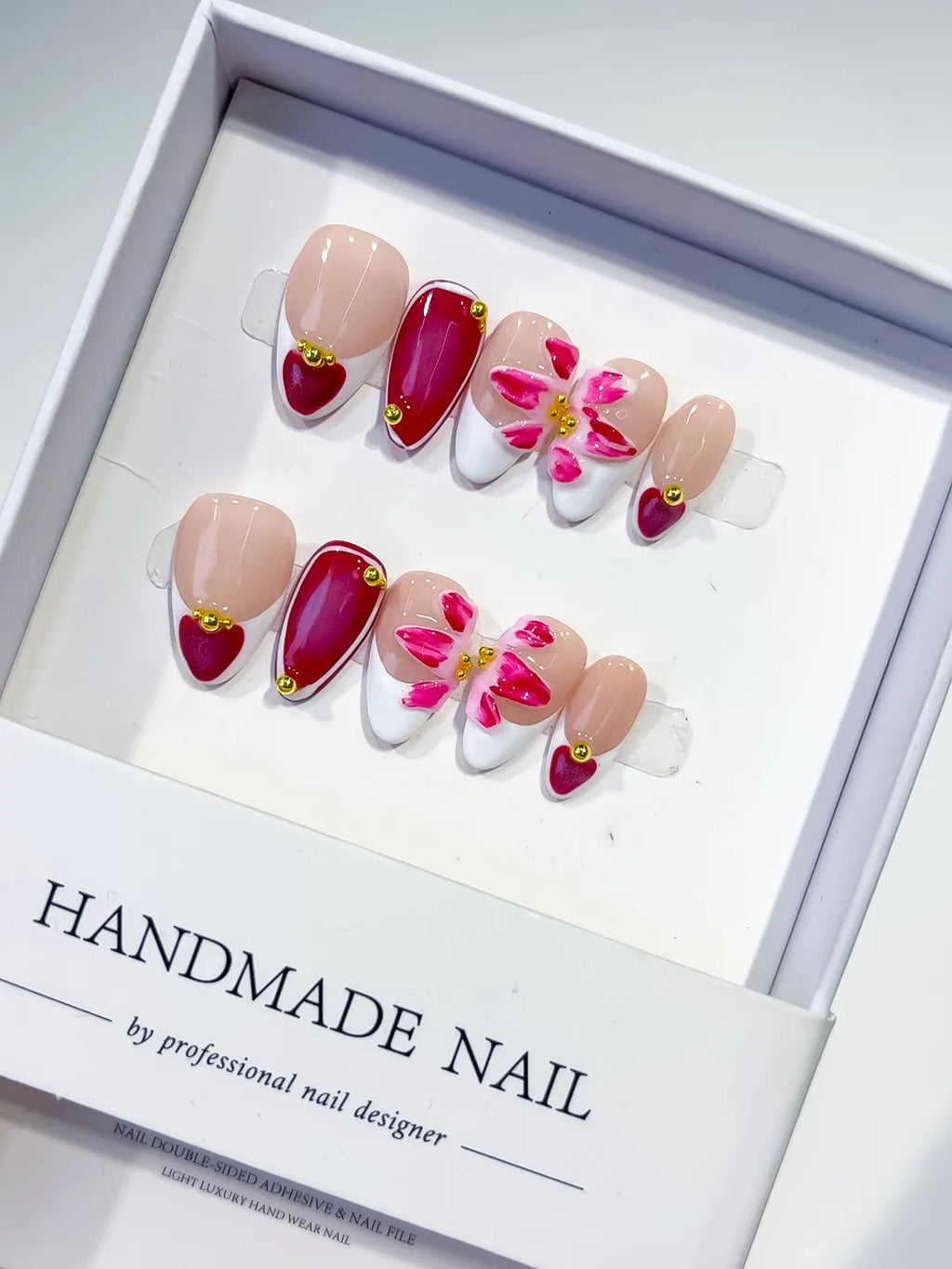 Nude White Red Pink French tip Flower Heart press on nails