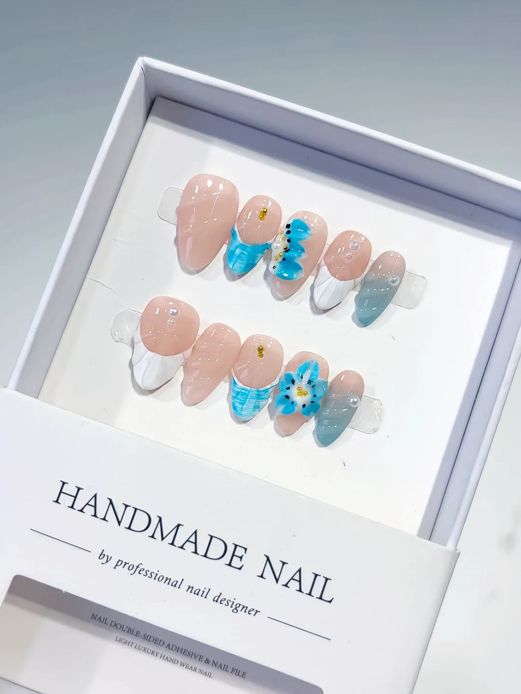 Nude White Blue French tip Flower Shell press on nails