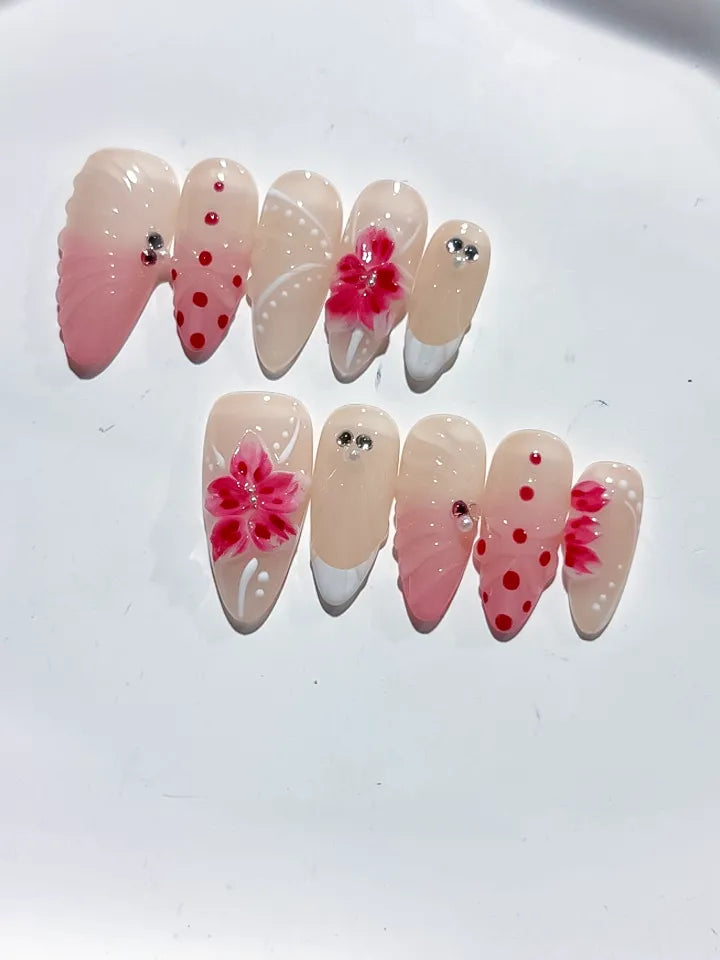 Nude Pink White Red Ombre Flower Dot Pattern Rhinestone press on nails close up