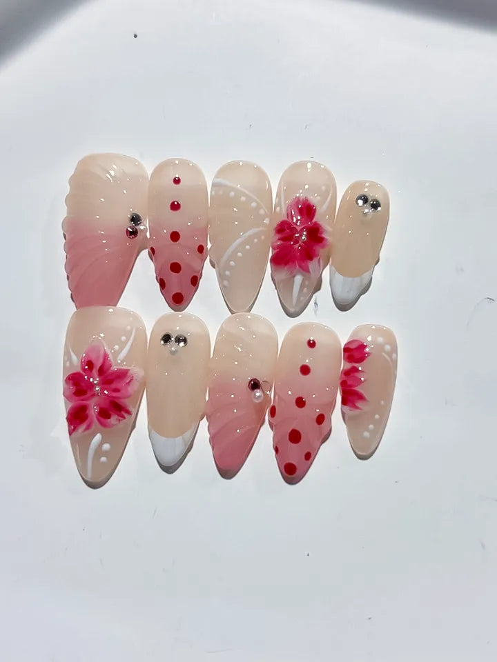 Nude Pink White Red Ombre Flower Dot Pattern Rhinestone press on nails detail view