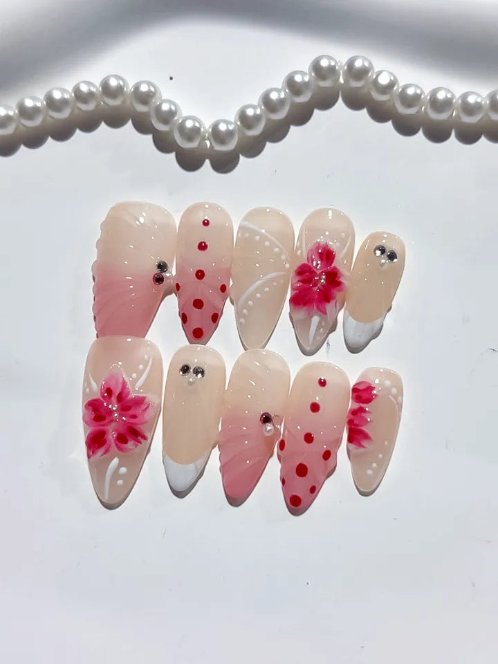 Nude Pink White Red Ombre Flower Dot Pattern Rhinestone press on nails detail view