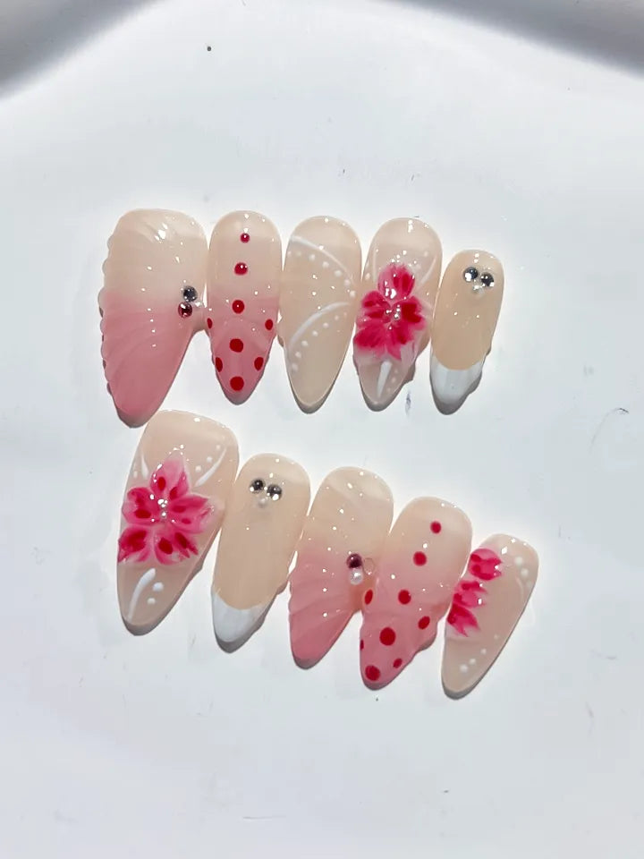 Nude Pink White Red Ombre Flower Dot Pattern Rhinestone press on nails detail view