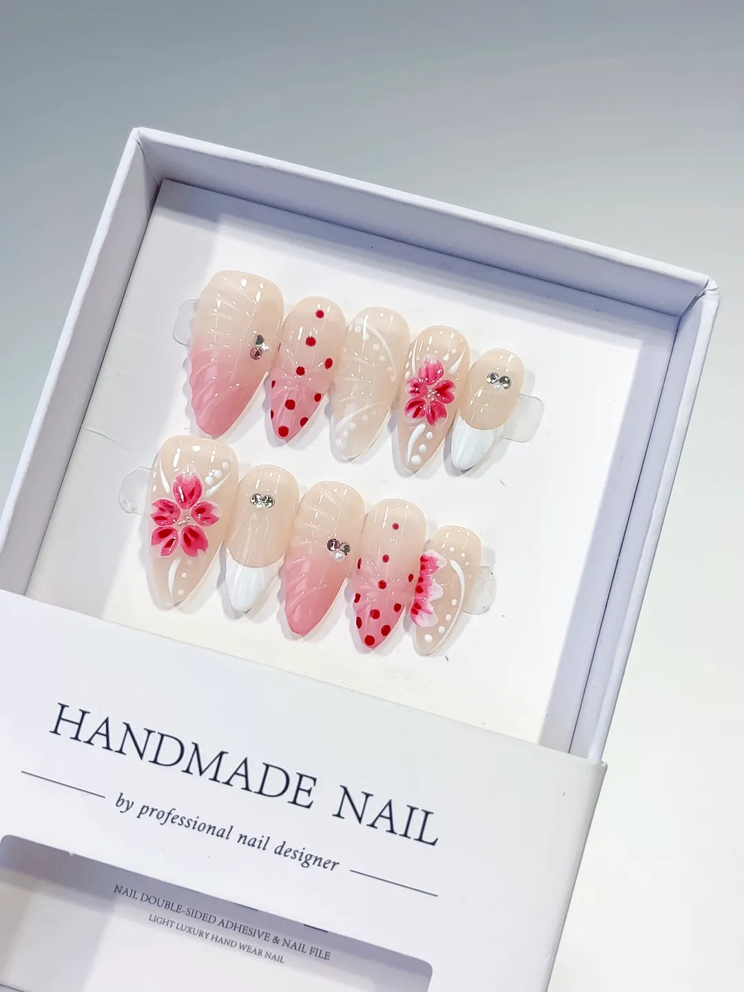 Nude Pink White Red Ombre Flower Dot Pattern Rhinestone press on nails