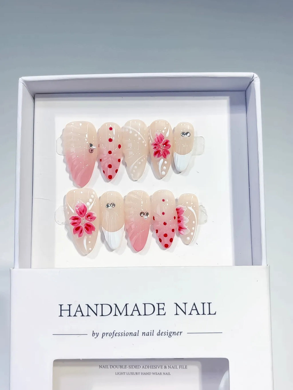 Nude Pink White Red Ombre Flower Dot Pattern Rhinestone press on nails full set view