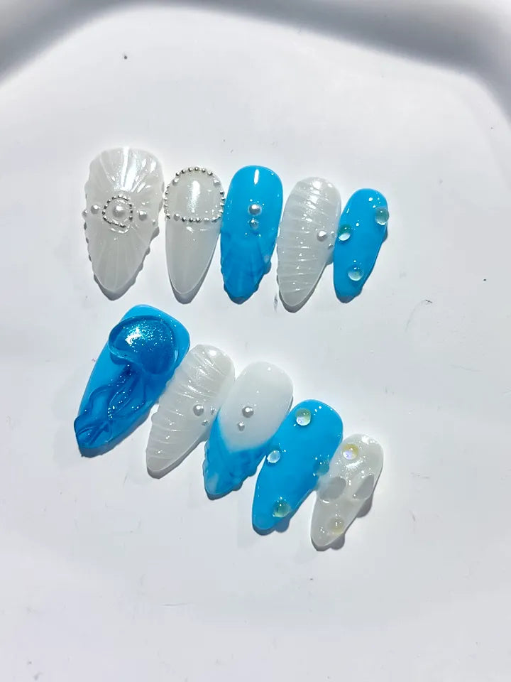 Blue White Abstract Bow Pearl Shell press on nails detail view