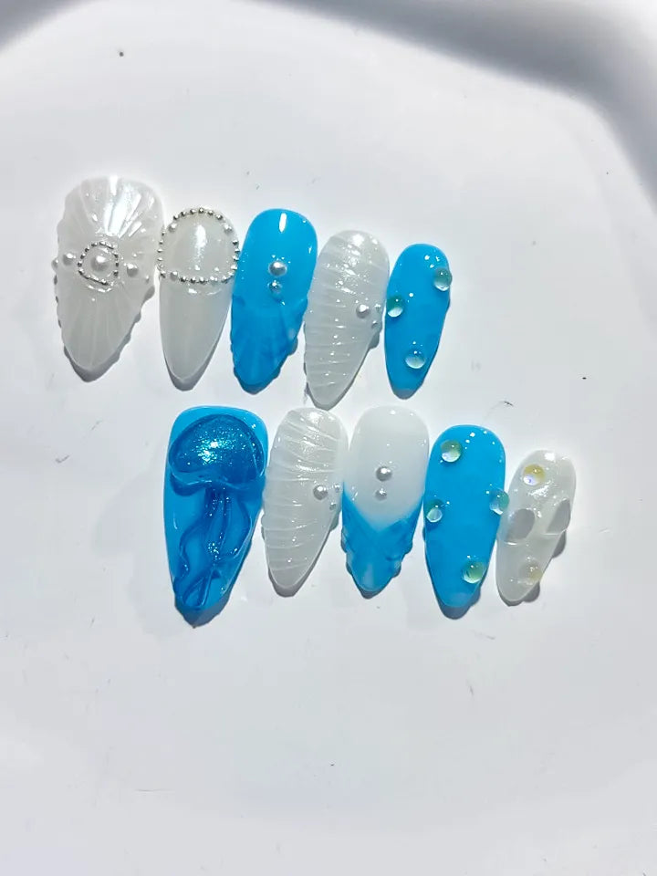 Blue White Abstract Bow Pearl Shell press on nails close up