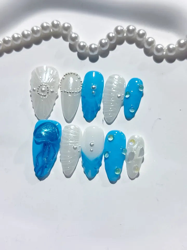 Blue White Abstract Bow Pearl Shell press on nails detail view