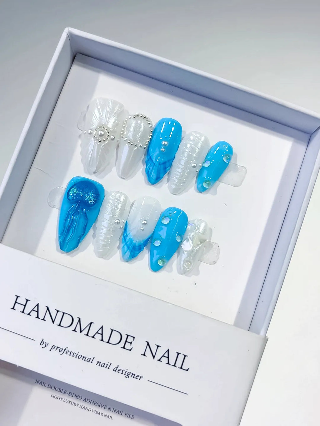 Blue White Abstract Bow Pearl Shell press on nails