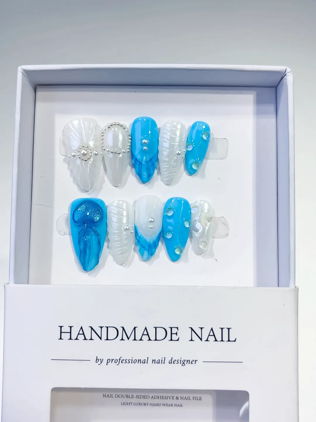 Blue White Abstract Bow Pearl Shell press on nails full set view
