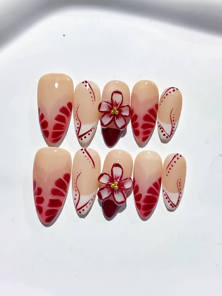 Nude Red White French tip Flower press on nails close up