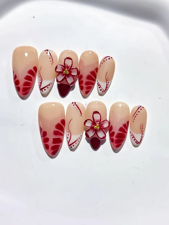 Nude Red White French tip Flower press on nails detail view