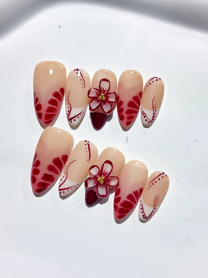 Nude Red White French tip Flower press on nails detail view