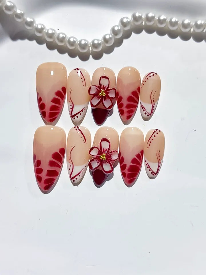 Nude Red White French tip Flower press on nails detail view
