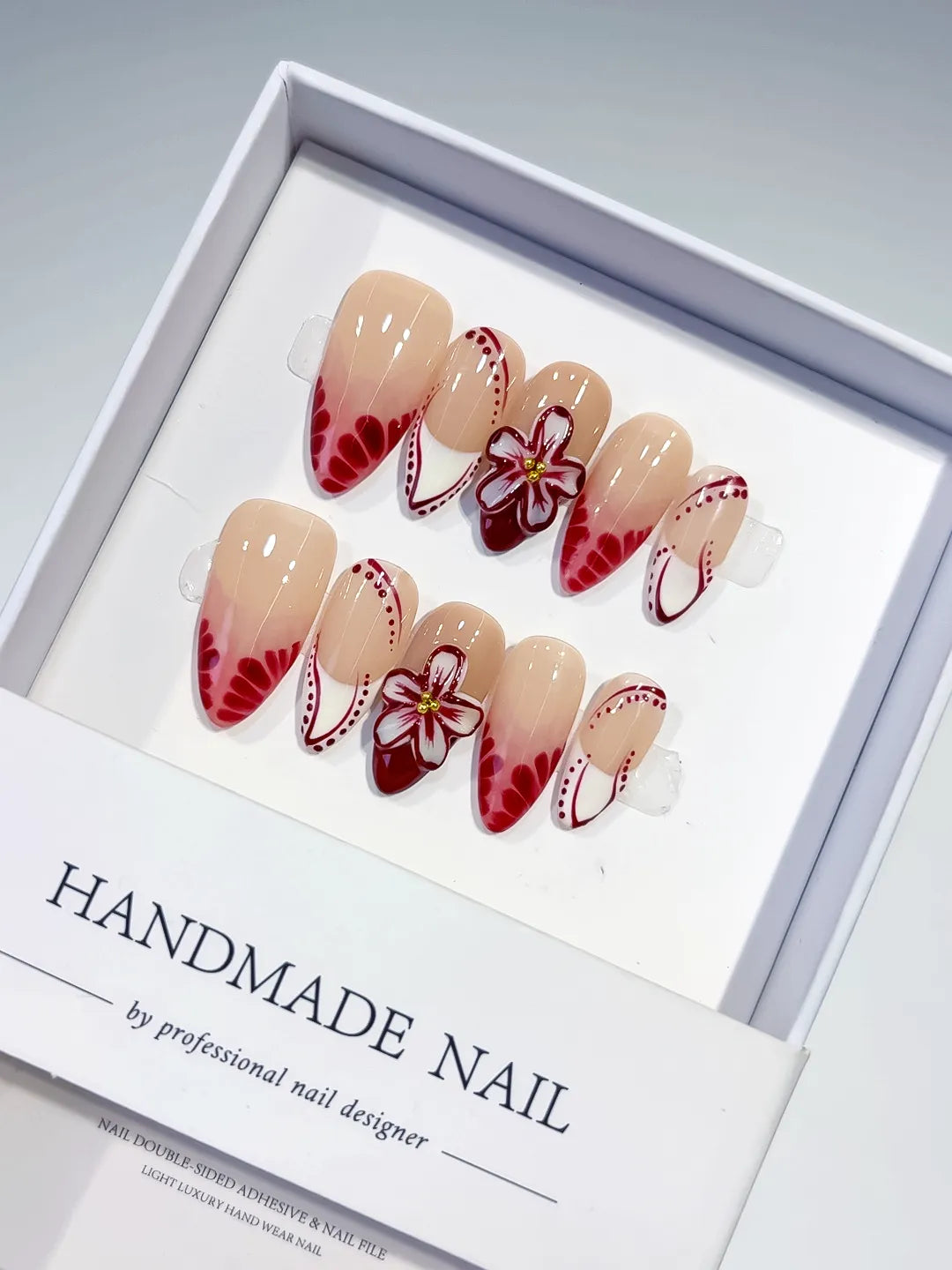 Nude Red White French tip Flower press on nails