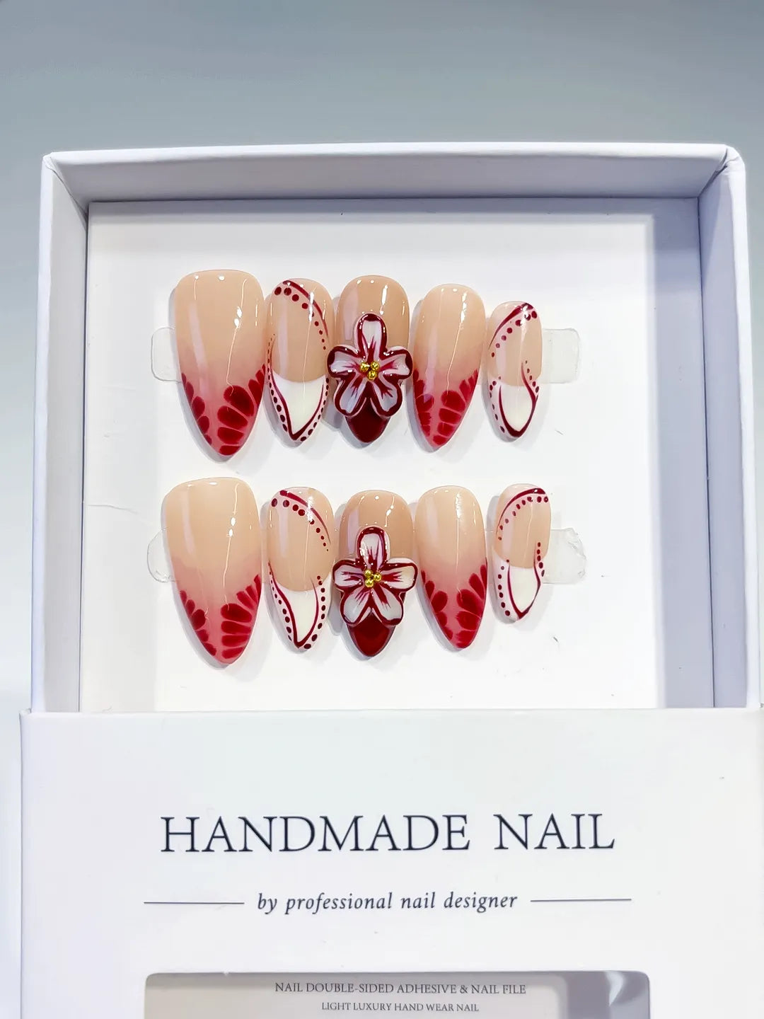 Nude Red White French tip Flower press on nails full set view