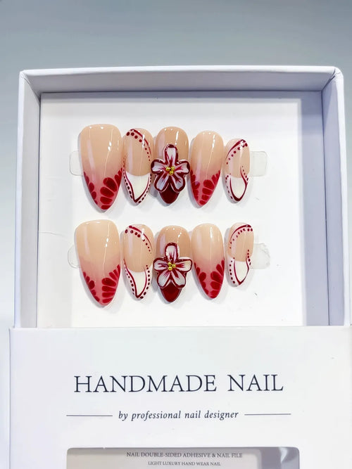 Nude Red White French tip Flower press on nails full set view