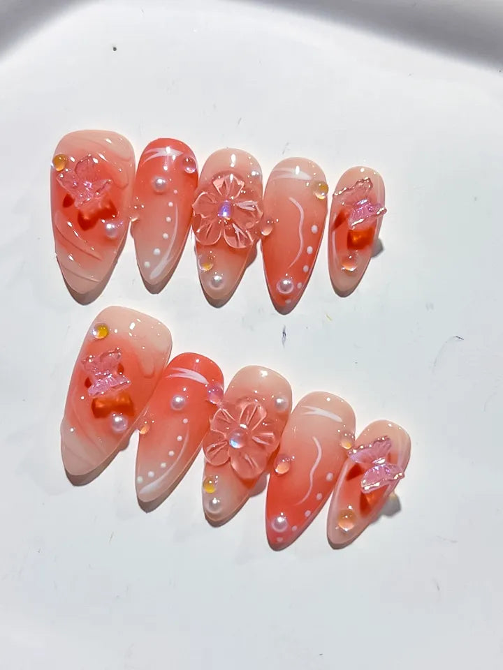 Nude White Ombre Butterfly Pearl press on nails close up